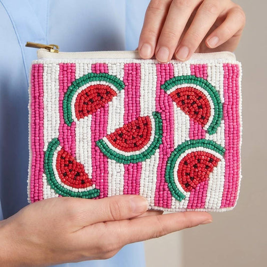 Seed Beaded Striped Watermelon Fruit Coin Purse