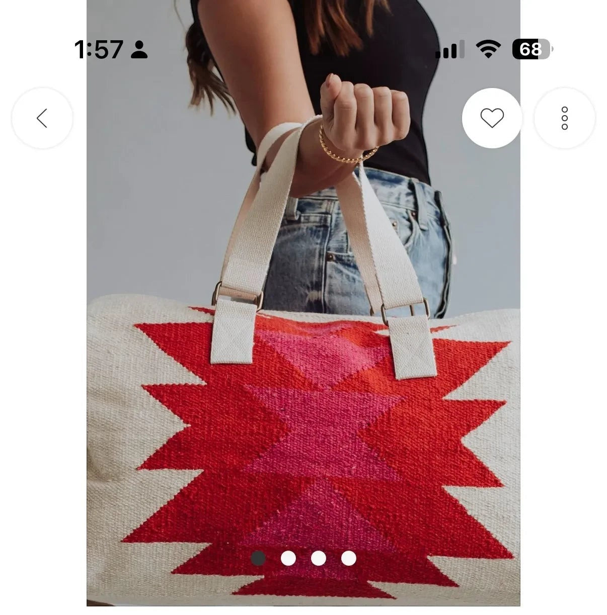 Sighthound Designs woven textile tote bag with red and pink geometric pattern and cream straps.